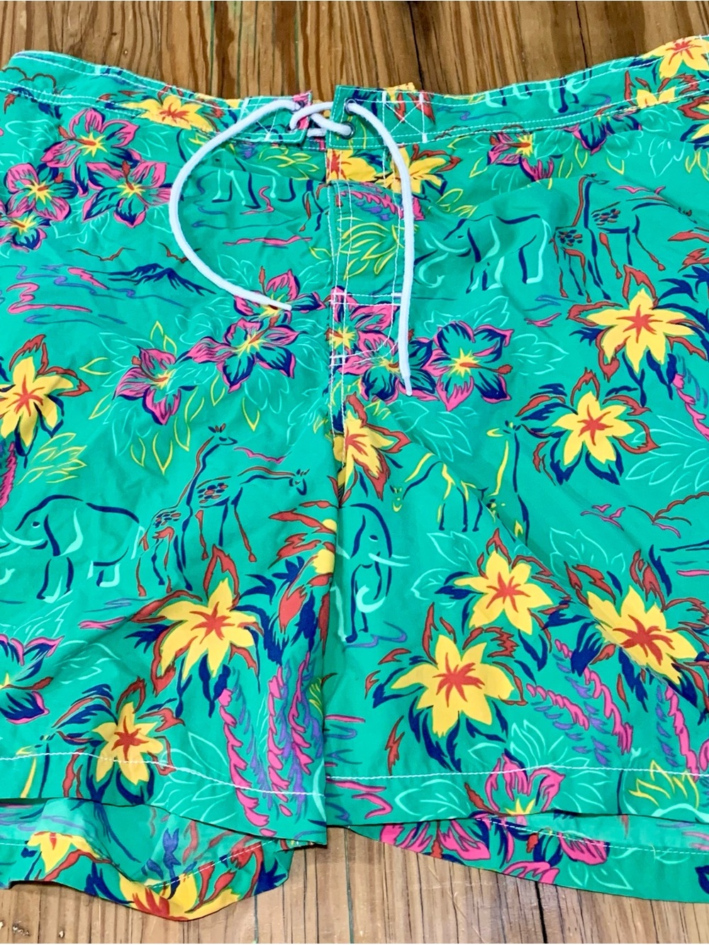 VTG Polo Ralph Lauren Swim Trunks Mens Green Elephant Tropical Safari Sz. XL AOP